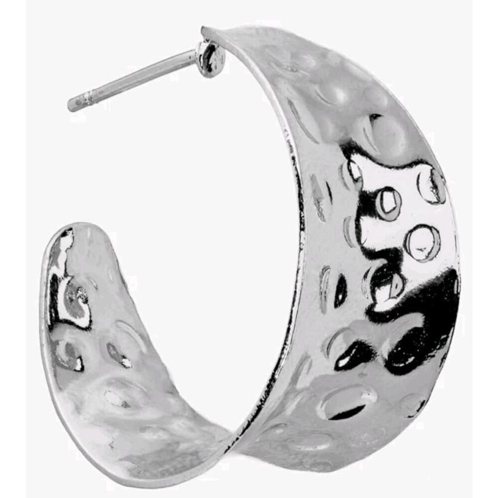 Silver Plated 25mm X 13.7mm Medium Hammered Post Hoop Earrings